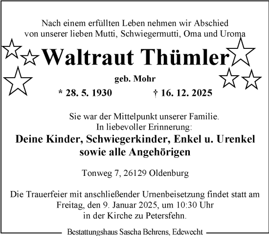 Traueranzeige von Waltraut Thümler von Nordwest-Zeitung