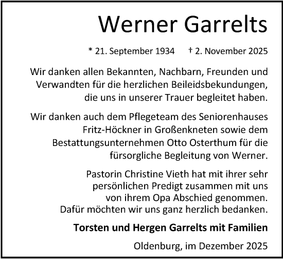 Traueranzeige von Werner Garrelts von Nordwest-Zeitung