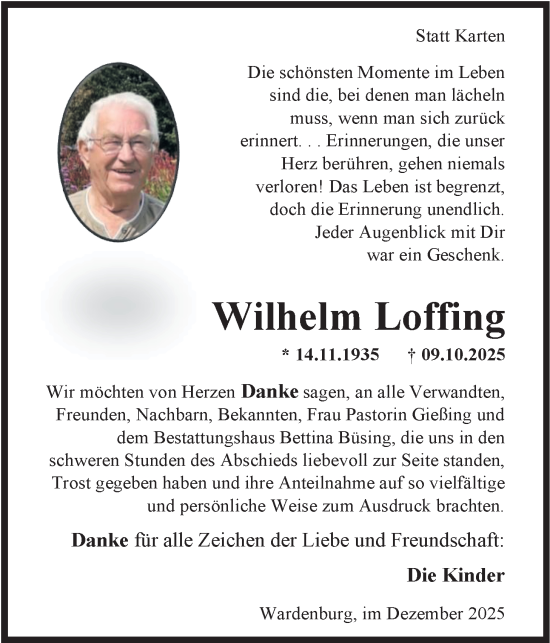 Traueranzeige von Wilhelm Loffing von Nordwest-Zeitung