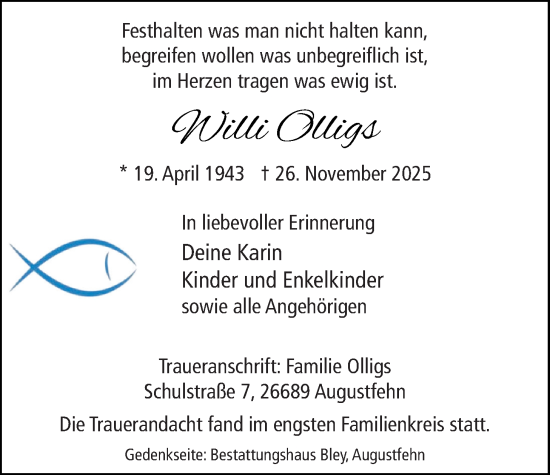 Traueranzeige von Willi Olligs von Nordwest-Zeitung