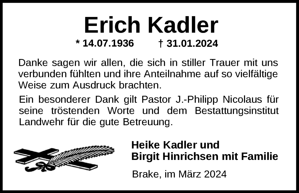  Traueranzeige für Erich Kadler vom 27.03.2024 aus Nordwest-Zeitung