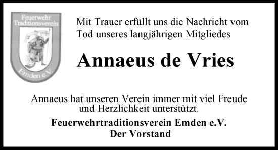 Traueranzeige von Annaeus de Vries von Emder Zeitung