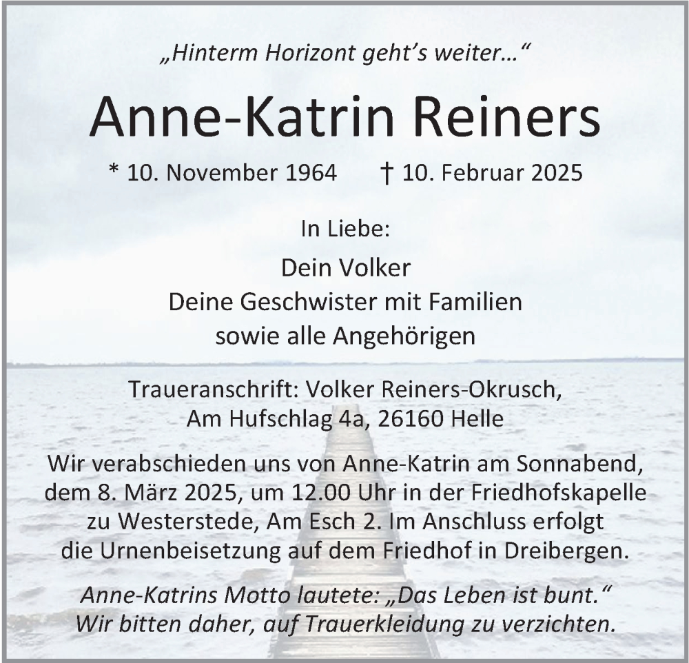  Traueranzeige für Anne-Katrin Reiners vom 22.02.2025 aus Nordwest-Zeitung