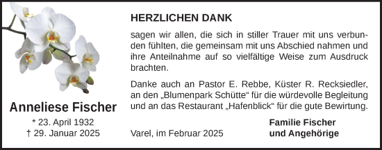 Traueranzeige von Anneliese Fischer von Nordwest-Zeitung