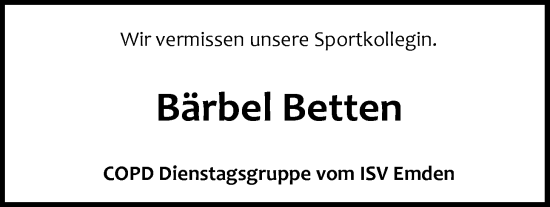 Traueranzeige von Bärbel Betten von Emder Zeitung