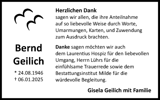 Traueranzeige von Bernd Geilich von Nordwest-Zeitung
