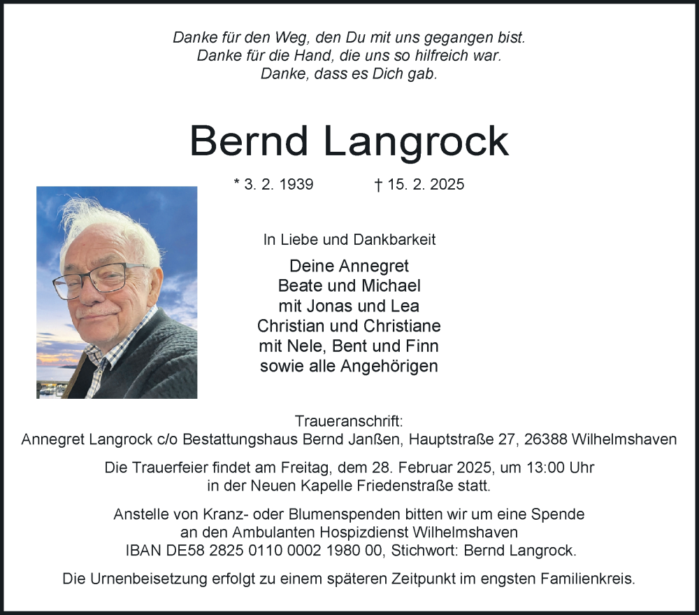  Traueranzeige für Bernd Langrock vom 22.02.2025 aus WZ/JW/AH