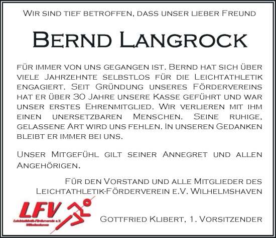 Traueranzeige von Bernd Langrock von WZ/JW/AH