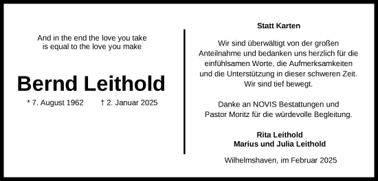 Traueranzeige von Bernd Leithold von WZ/JW/AH