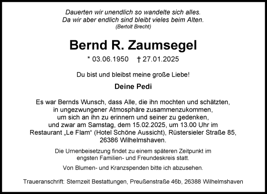 Traueranzeige von Bernd Zaumsegel von WZ/JW/AH