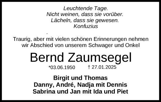 Traueranzeige von Bernd Zaumsegel von WZ/JW/AH