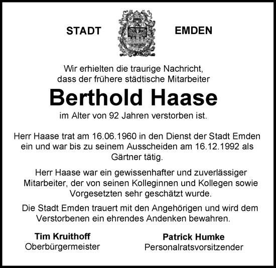 Traueranzeige von Berthold Haase von Emder Zeitung