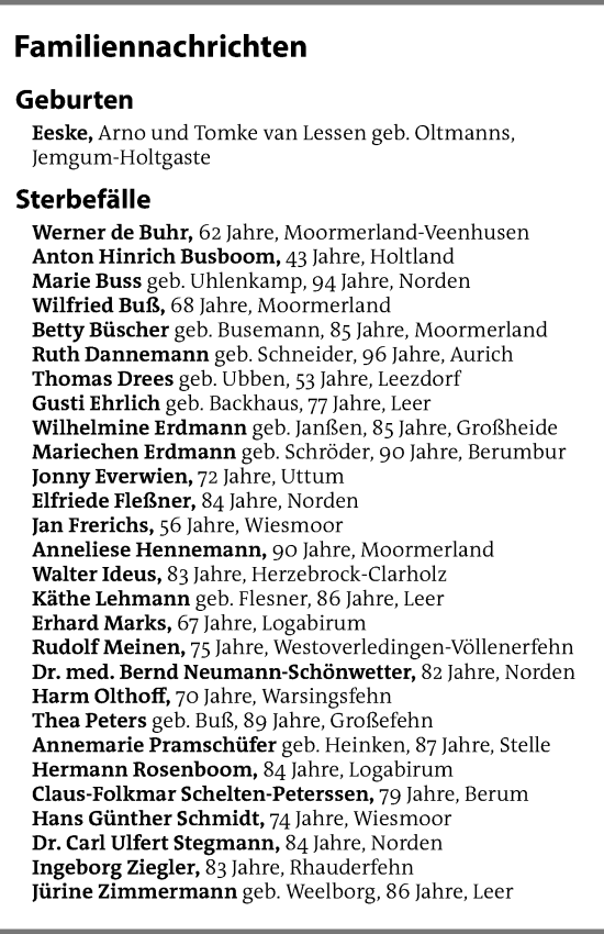 Traueranzeige von Bestattungen vom 04.02.2025 von Emder Zeitung