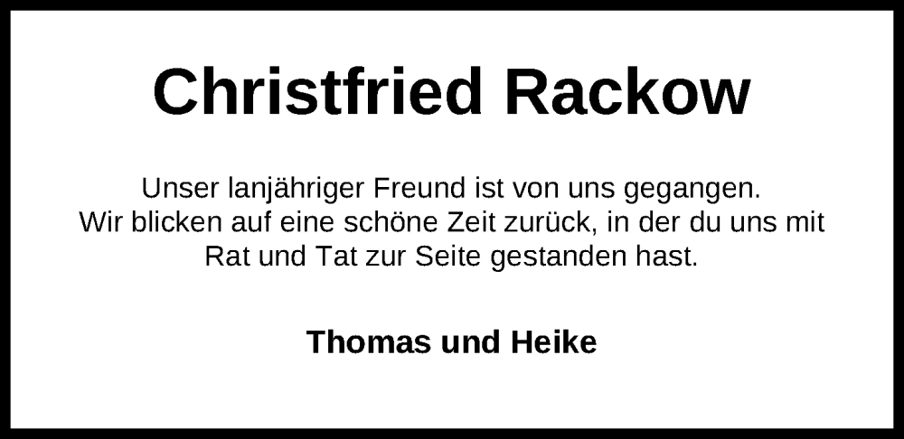  Traueranzeige für Christfried Rackow vom 01.02.2025 aus Nordwest-Zeitung
