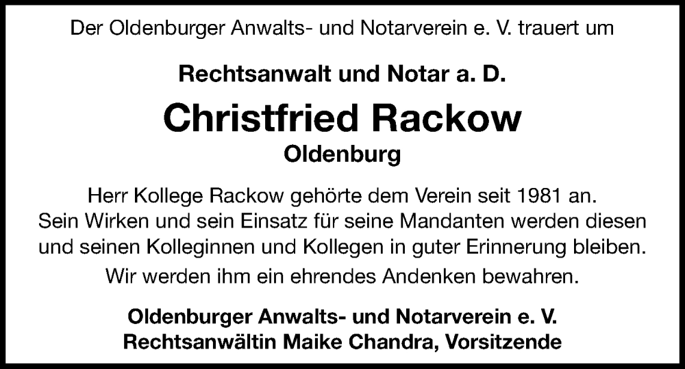  Traueranzeige für Christfried Rackow vom 01.02.2025 aus Nordwest-Zeitung