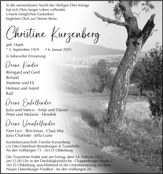 Traueranzeige von Christine Kurzenberg von Nordwest-Zeitung