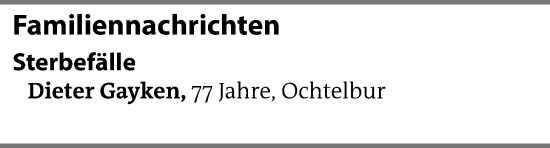 Traueranzeige von Dieter Gayken von Emder Zeitung