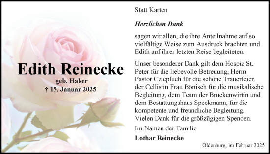 Traueranzeige von Edith Reinecke von Nordwest-Zeitung