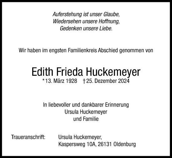 Traueranzeige von Edith Frieda Huckemeyer von Nordwest-Zeitung
