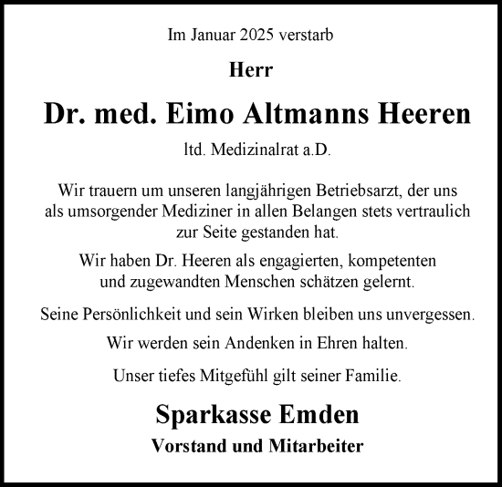 Traueranzeige von Eimo Altmanns Heeren von Emder Zeitung
