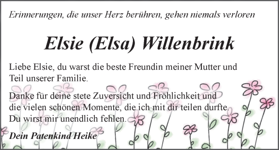 Traueranzeige von Elsie Willenbrink von Nordwest-Zeitung