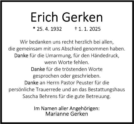 Traueranzeige von Erich Gerken von Nordwest-Zeitung