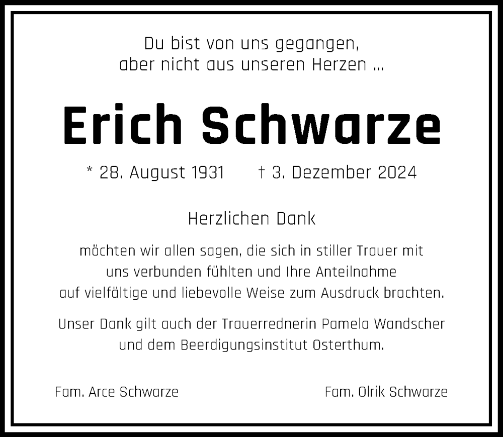  Traueranzeige für Erich Schwarze vom 03.02.2025 aus Nordwest-Zeitung