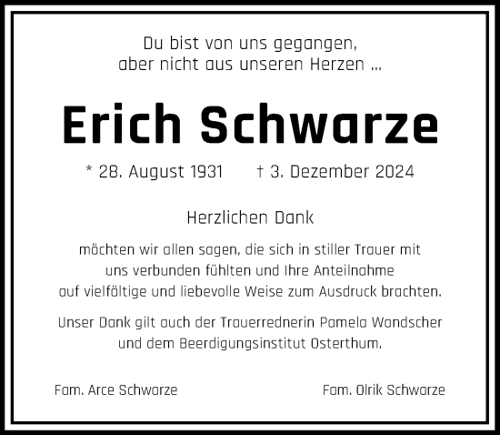 Traueranzeige von Erich Schwarze von Nordwest-Zeitung