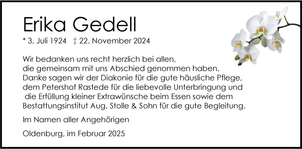  Traueranzeige für Erika Gedell vom 01.02.2025 aus Nordwest-Zeitung