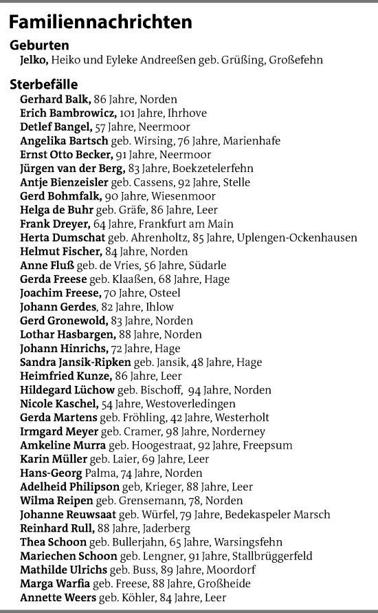 Traueranzeige von EZ Familiennachrichten von Nordwest-Zeitung