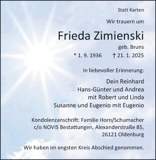 Traueranzeige von Frieda Zimienski von Nordwest-Zeitung