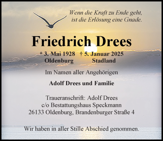 Traueranzeige von Friedrich Drees von Nordwest-Zeitung