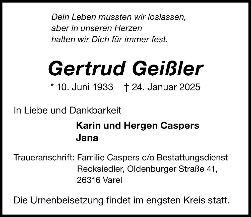  Traueranzeige für Gertrud Geißler vom 07.02.2025 aus Nordwest-Zeitung