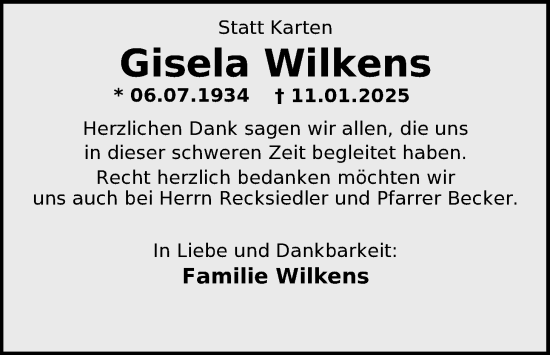 Traueranzeige von Gisela Wilkens von Nordwest-Zeitung