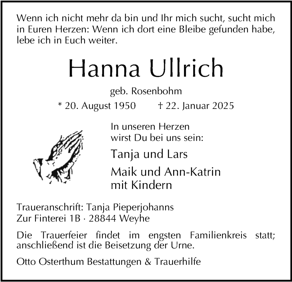  Traueranzeige für Hanna Ullrich vom 08.02.2025 aus Nordwest-Zeitung