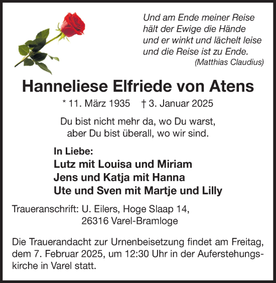 Traueranzeige von Hanneliese Elfriede von Atens von Nordwest-Zeitung