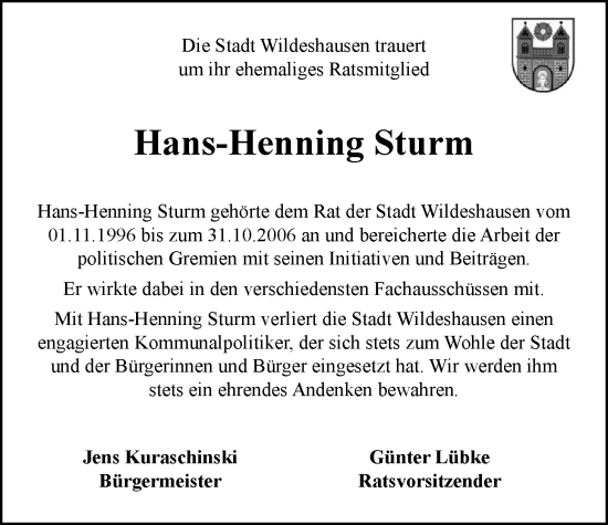 Traueranzeige von Hans-Henning Sturm von Nordwest-Zeitung