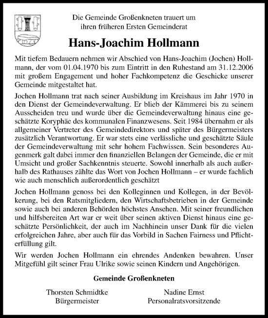 Traueranzeige von Hans-Joachim Hollmann von Nordwest-Zeitung