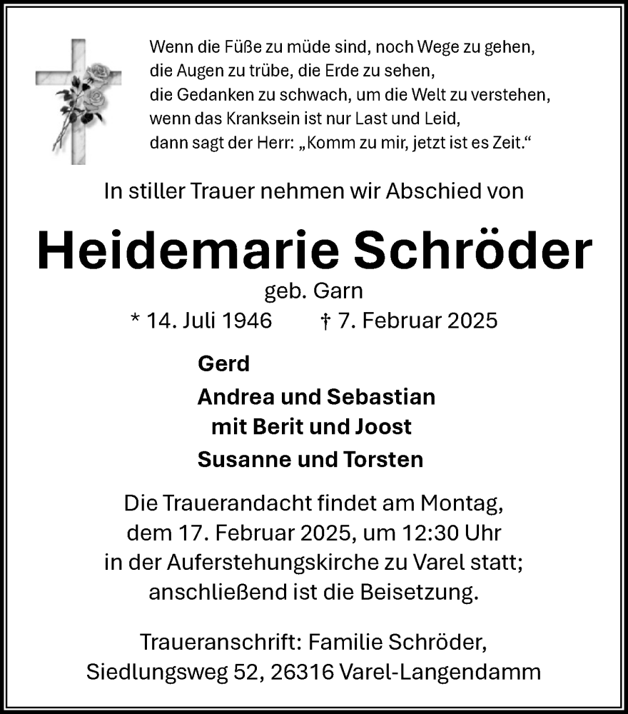  Traueranzeige für Heidemarie Schröder vom 13.02.2025 aus Nordwest-Zeitung
