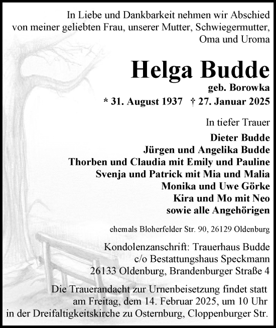 Traueranzeige von Helga Budde von Nordwest-Zeitung