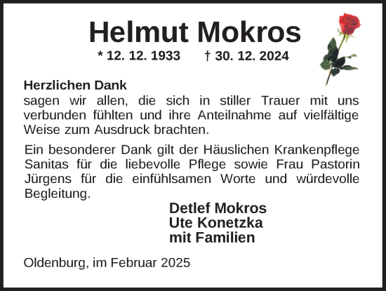 Traueranzeige von Helmut Mokros von Nordwest-Zeitung