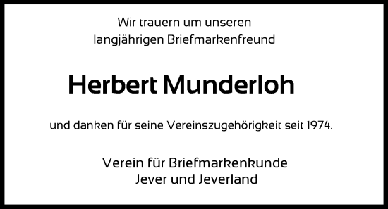 Traueranzeige von Herbert Munderloh von WZ/JW/AH