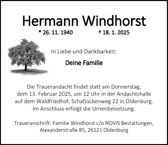 Traueranzeige von Hermann Windhorst von Nordwest-Zeitung