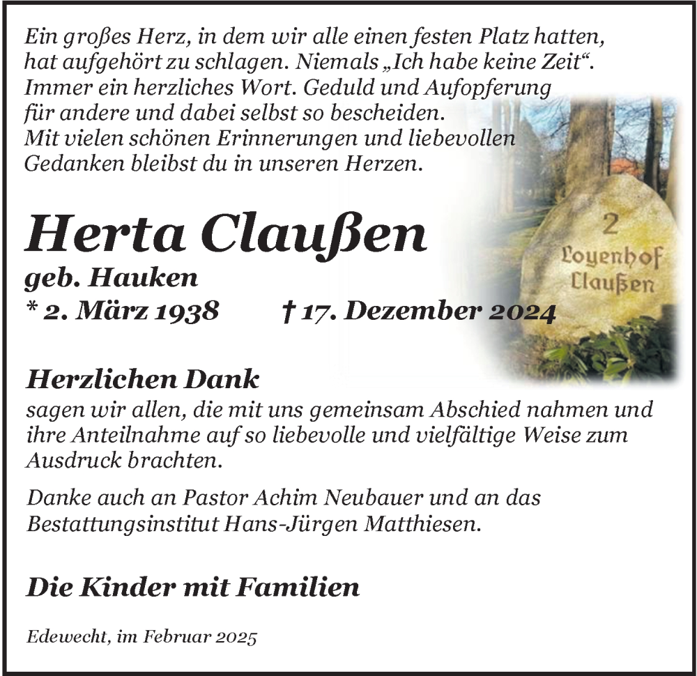  Traueranzeige für Herta Claußen vom 22.02.2025 aus Nordwest-Zeitung
