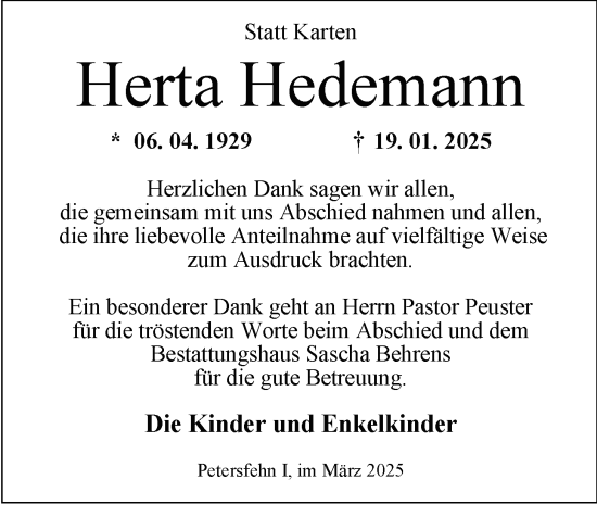 Traueranzeige von Herta Hedemann von Nordwest-Zeitung