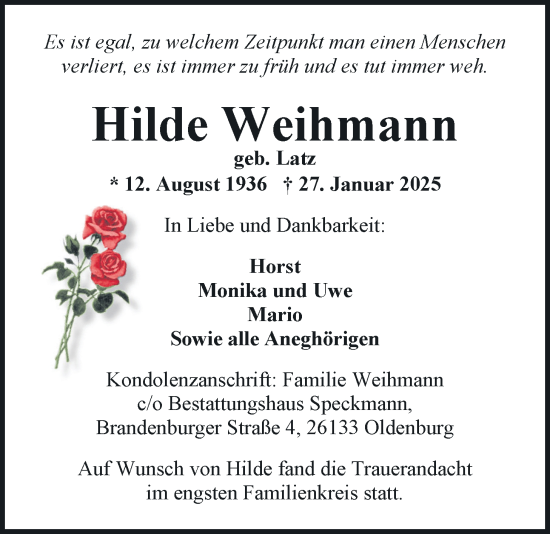Traueranzeige von Hilde Weihmann von Nordwest-Zeitung