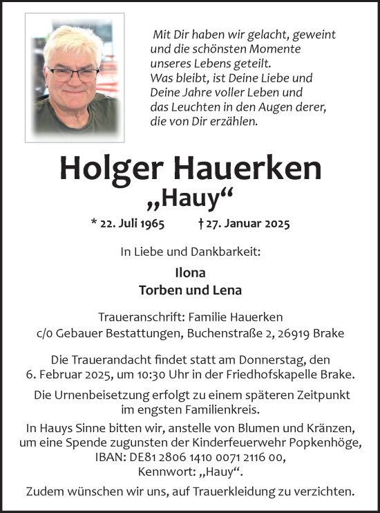 Traueranzeige von Holger Hauerken von Nordwest-Zeitung
