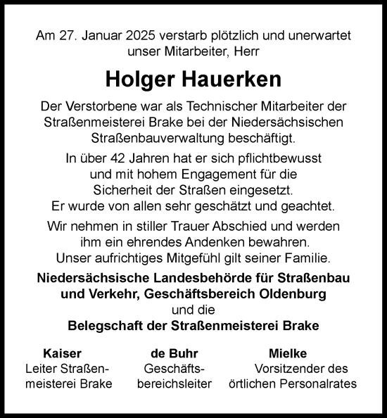 Traueranzeige von Holger Hauerken von Nordwest-Zeitung