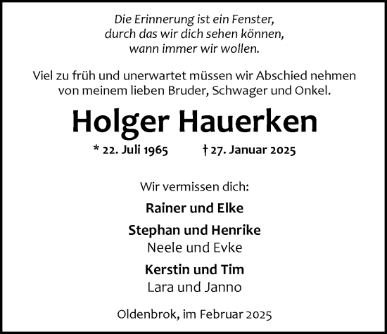 Traueranzeige von Holger Hauerken von Nordwest-Zeitung