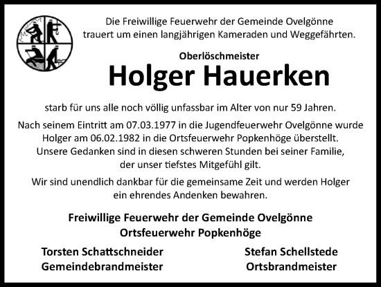Traueranzeige von Holger Hauerken von Nordwest-Zeitung